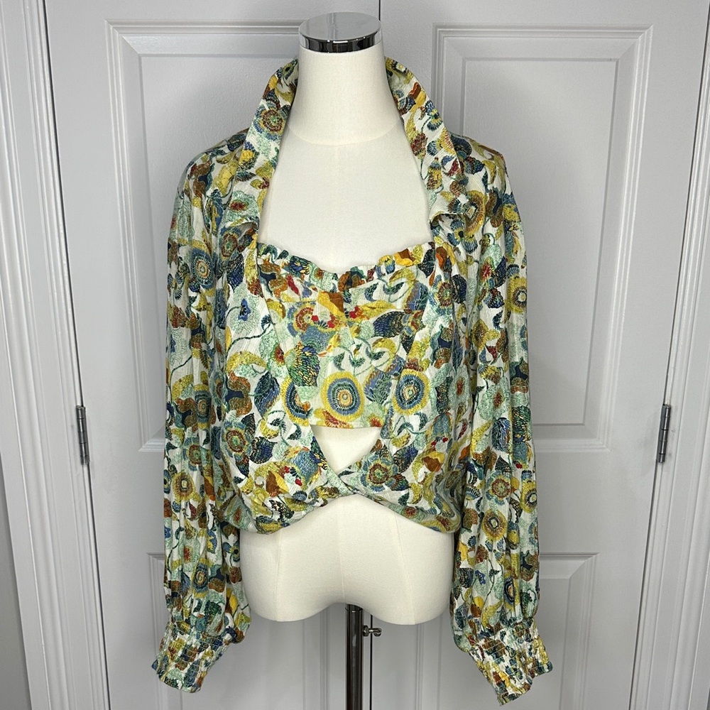 Anthropologie 2Piece Green Yellow Paisley Long Sleeve Crop Top & Cami Size L